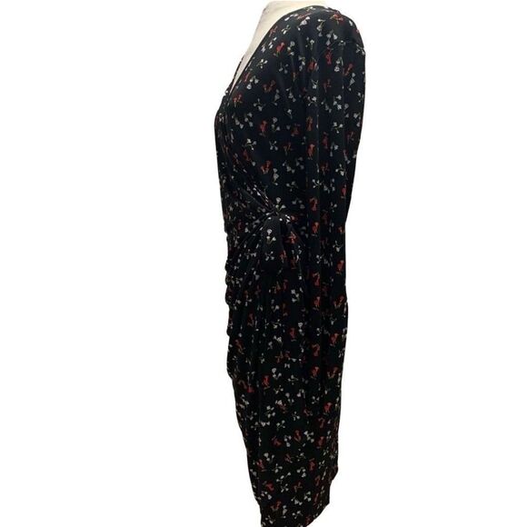 Lark & Ro Black floral long sleeve true wrap dress large dainty floral flowers m - Picture 16 of 16